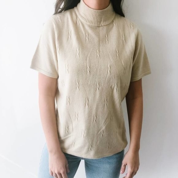 Vintage Tops - Vintage Tan Short Sleeve Mock Neck Top